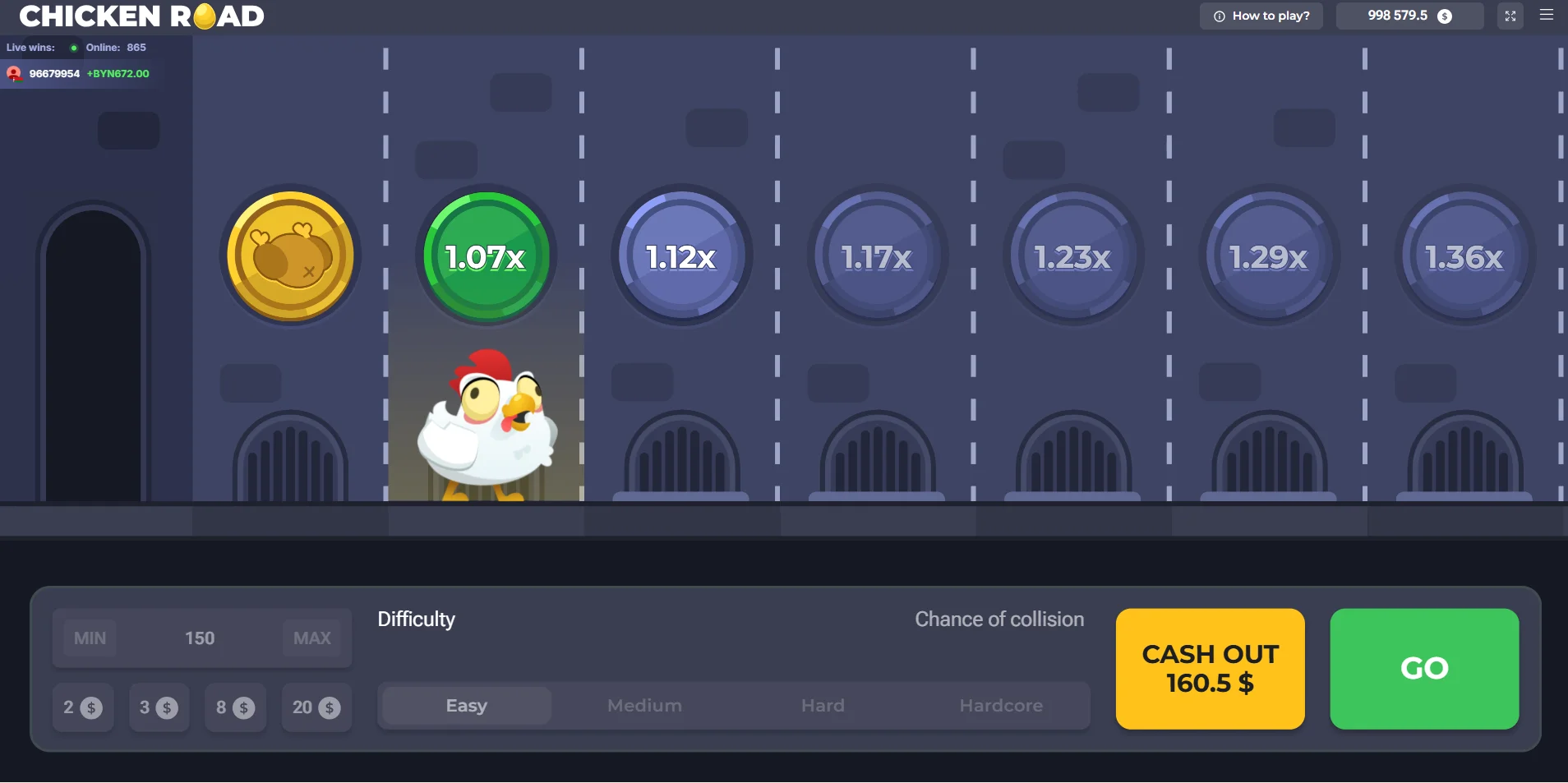 Ігровий екран Chicken Road: курка на першому люку, множники від 1.07x на легкому рівні